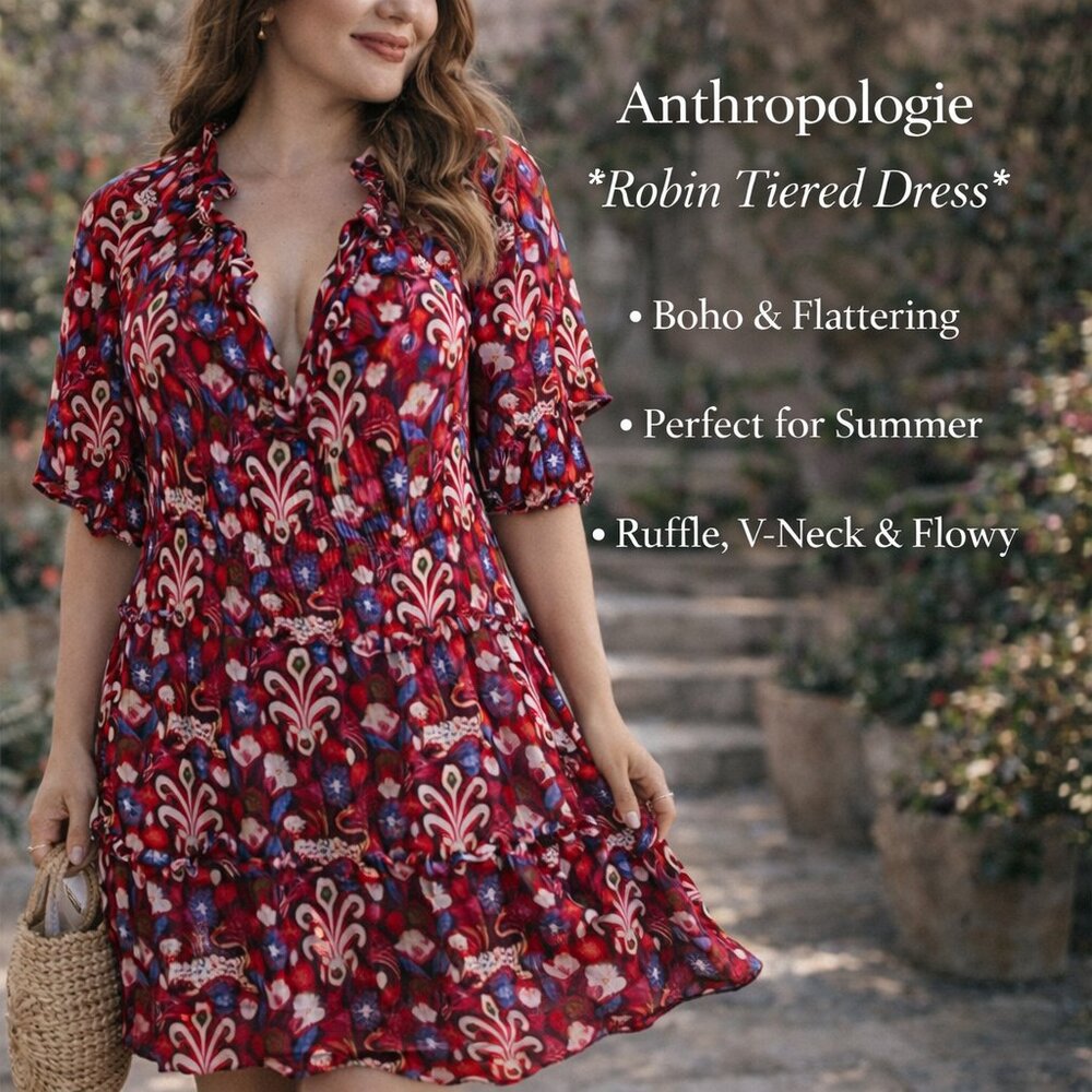 Anthropologie Robin Tiered Red Floral V-Neck Dress